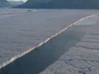 Separation of Manhattan Is. sized ice shelf pieces from 79 Glacier far northeastern Greenland