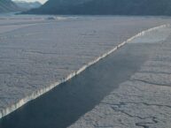 Separation of Manhattan Is. sized ice shelf pieces from 79 Glacier far northeastern Greenland